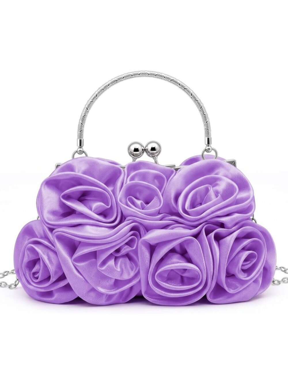 Womens Light Purple 3d Rose Satin Clutch Purse Floral Wedding Party Evening Bag